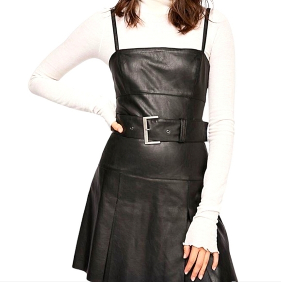Free People Dresses & Skirts - Free People Pleated Vegan Leather Boho Mini Buckle Moto Biker Black Dress Size 0